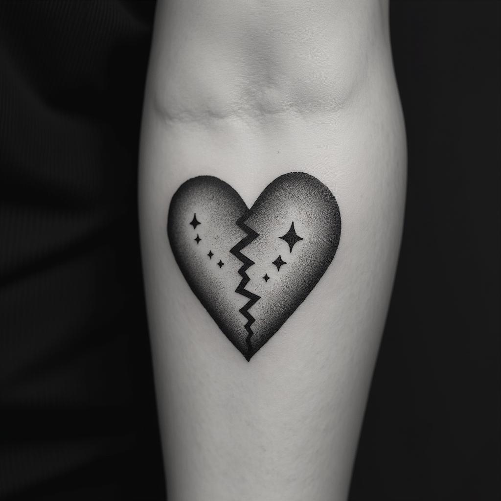 Broken heartin minimalist style tattoo, featuring simple shapes and fine lines, with minimal shading and details, tiny triangles, creating a sense of balance and harmony - Variation 3