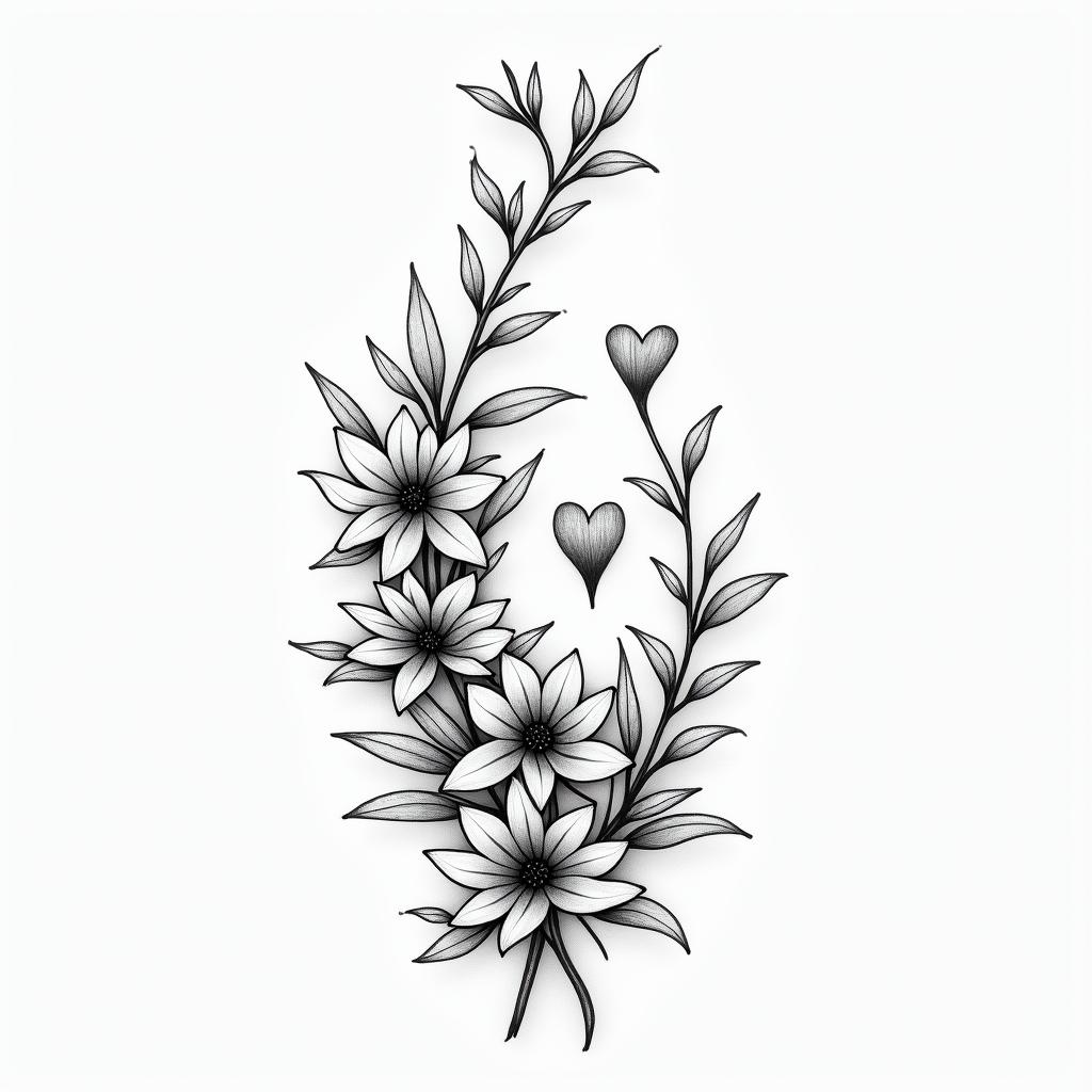 Survivor of sexual abuse as a child. Am raising my three children and step children alone. I love the ocean, flowers, birds and nature because they are represent healing for me. God gives me the strength to find forgiveness. God sent me a beautiful granddaughter to breath life into me again.in Modest style tattoo, featuring soft, delicate line work with simple and meaningful symbols, gentle waves, a heart, evoking a sense of serenity and grace, - Variation 2