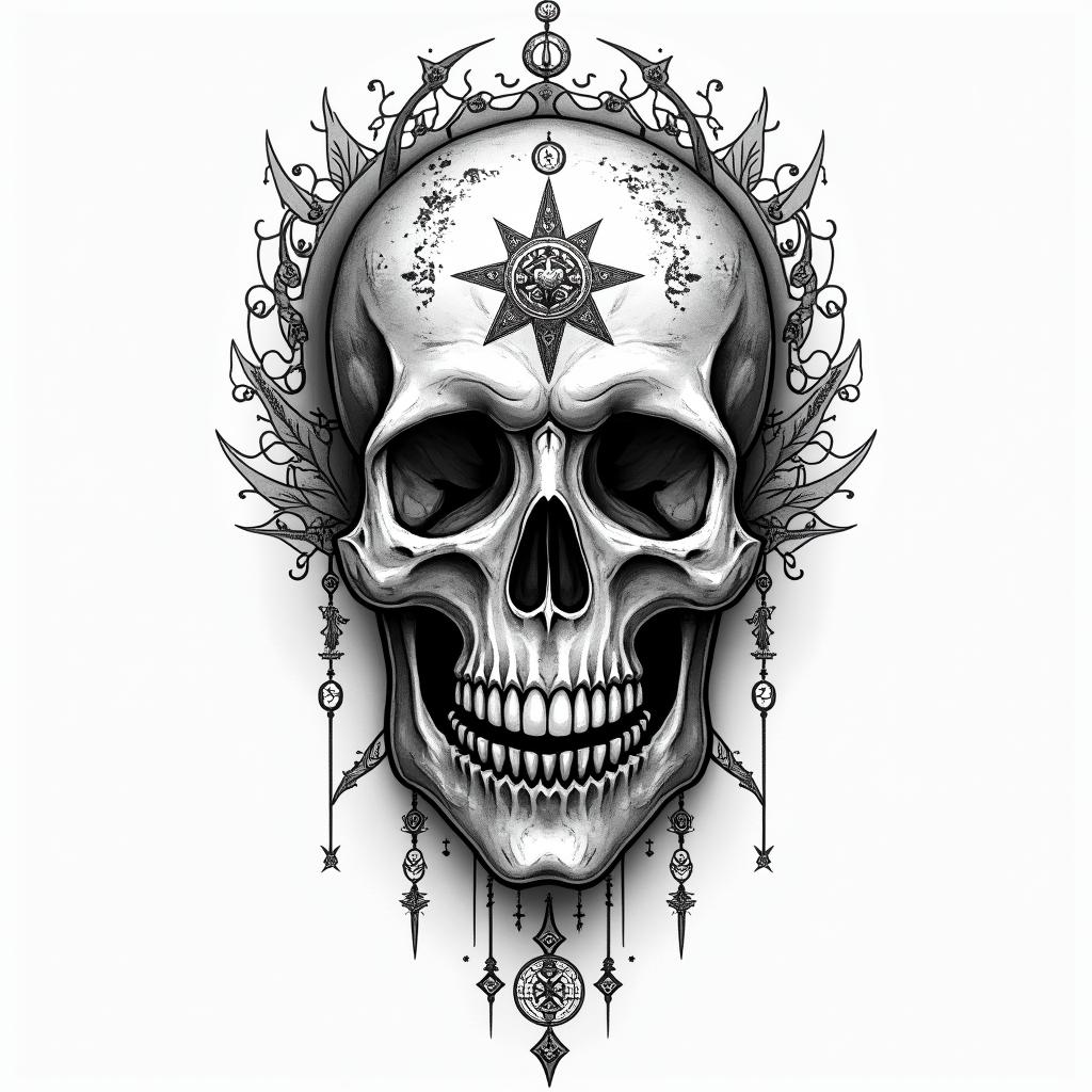 Smile now cry laterin paganic style tattoo, featuring ancient symbols, add vegvisir symbol, mystical figures, incorporating designs, pentagrams, runes, crescent moons,