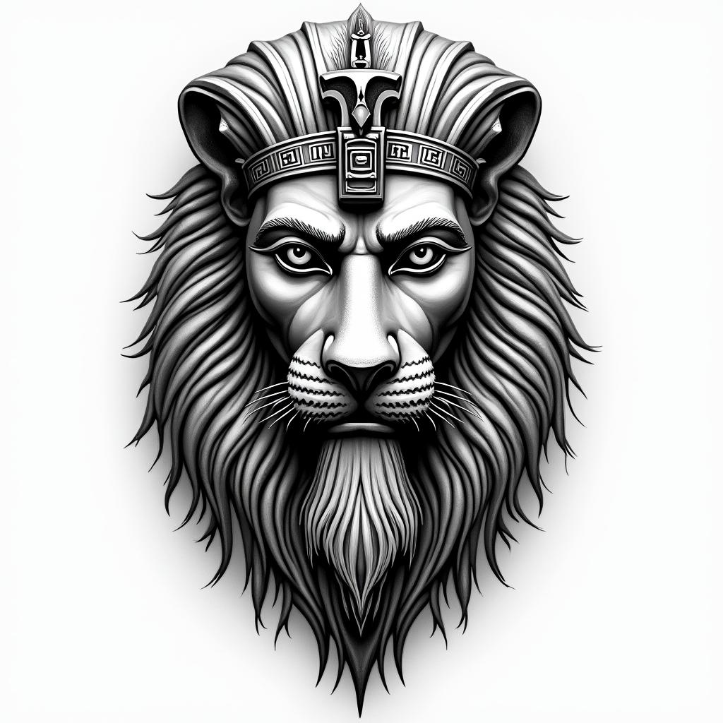 Zeus and a lion at the Colosseumin egyptian style tattoo, bold elements of ancient egyptian culture including a portrait of an Egyptian pharaoh with detailed facial features, in hieroglyphs and symbolic imagery, eye of horus, ankh symbol, scarab beetle - Variation 2