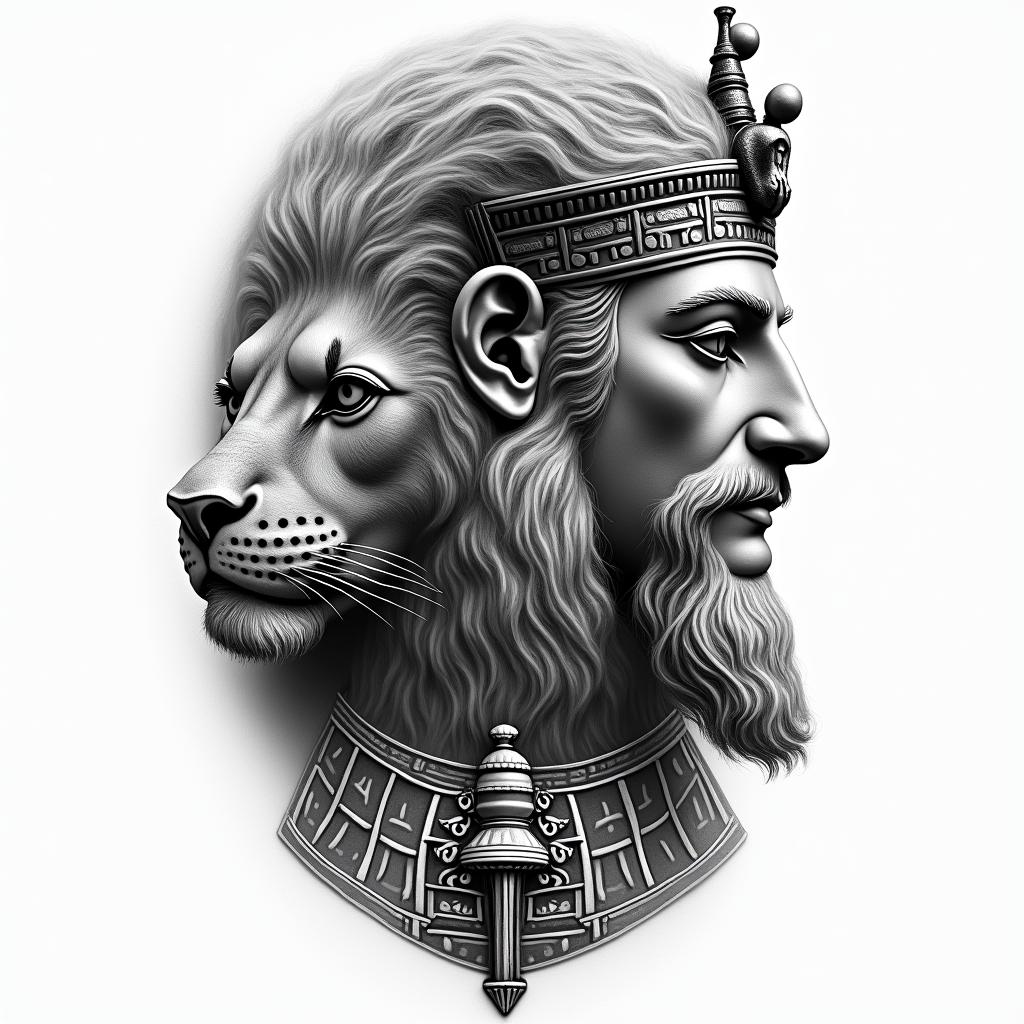 Zeus and a lion at the Colosseumin egyptian style tattoo, bold elements of ancient egyptian culture including a portrait of an Egyptian pharaoh with detailed facial features, in hieroglyphs and symbolic imagery, eye of horus, ankh symbol, scarab beetle - Variation 3
