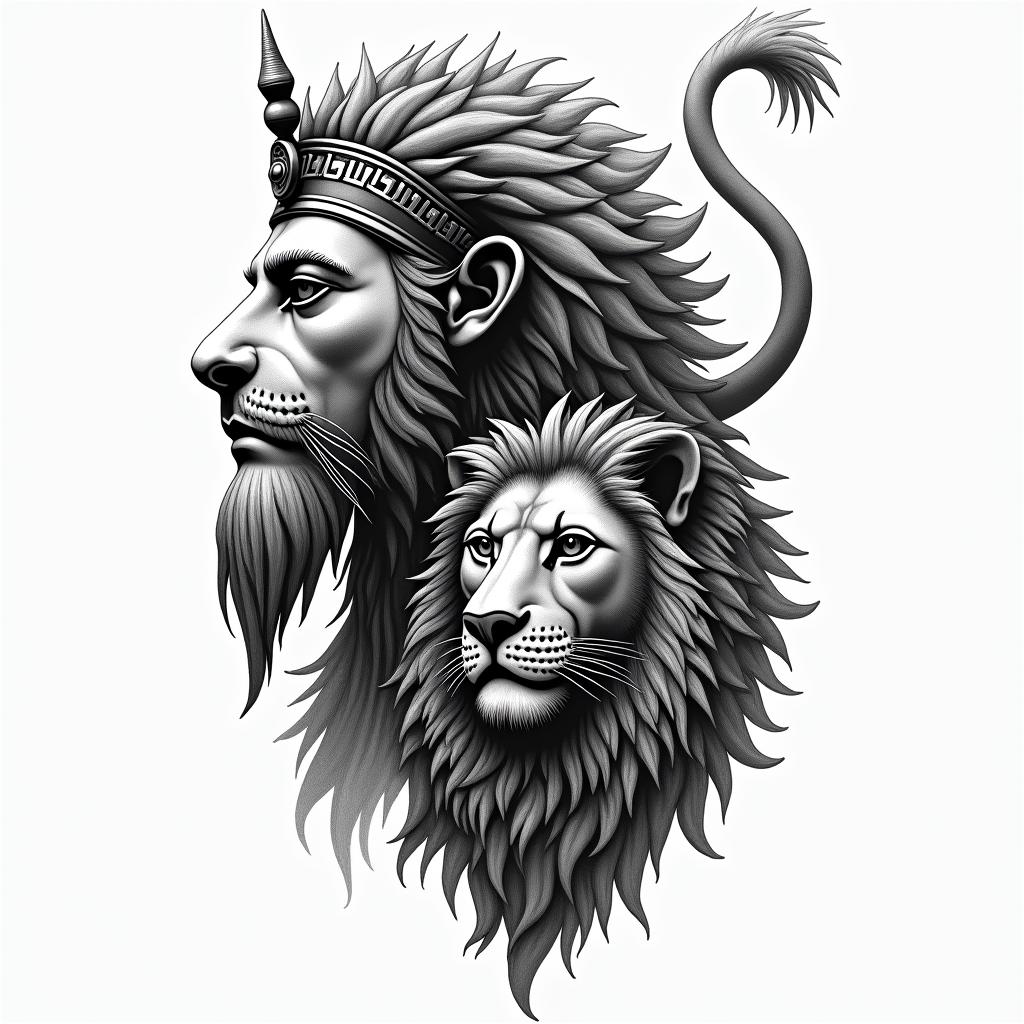 Zeus and a lion at the Colosseumin egyptian style tattoo, bold elements of ancient egyptian culture including a portrait of an Egyptian pharaoh with detailed facial features, in hieroglyphs and symbolic imagery, eye of horus, ankh symbol, scarab beetle