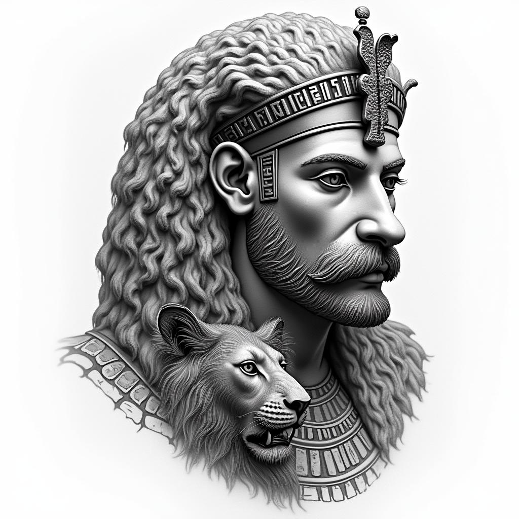 Zeus and a lion at the Colosseumin egyptian style tattoo, bold elements of ancient egyptian culture including a portrait of an Egyptian pharaoh with detailed facial features, in hieroglyphs and symbolic imagery, eye of horus, ankh symbol, scarab beetle - Variation 4