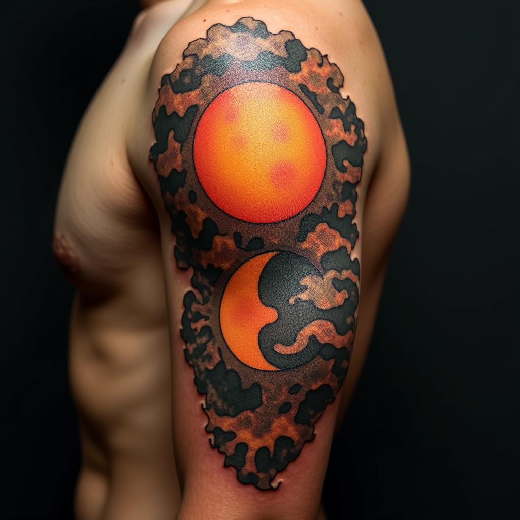 Sun and moon intertwined, glowingin realism tattoo style, featuring a highly detailed, lifelike, capturing every detail, photorealistic, ultra realistic, intricate shading, smooth and sharp,   - Variation 7