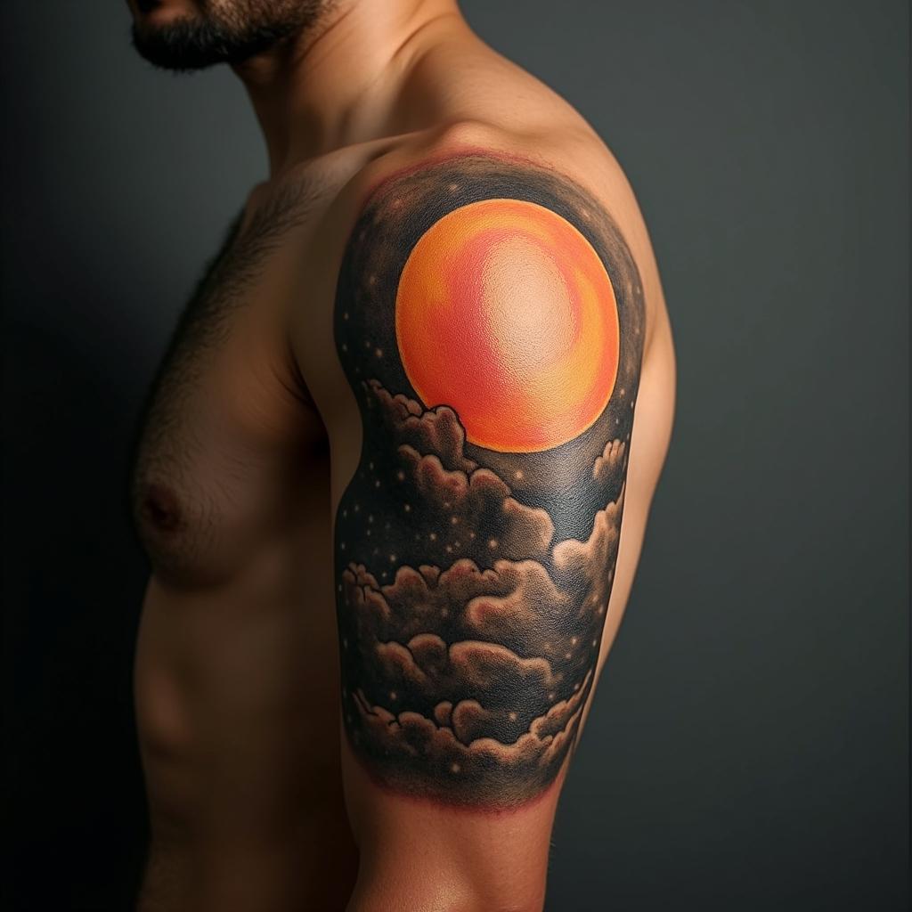 Sun and moon intertwined, glowingin realism tattoo style, featuring a highly detailed, lifelike, capturing every detail, photorealistic, ultra realistic, intricate shading, smooth and sharp,   - Variation 5