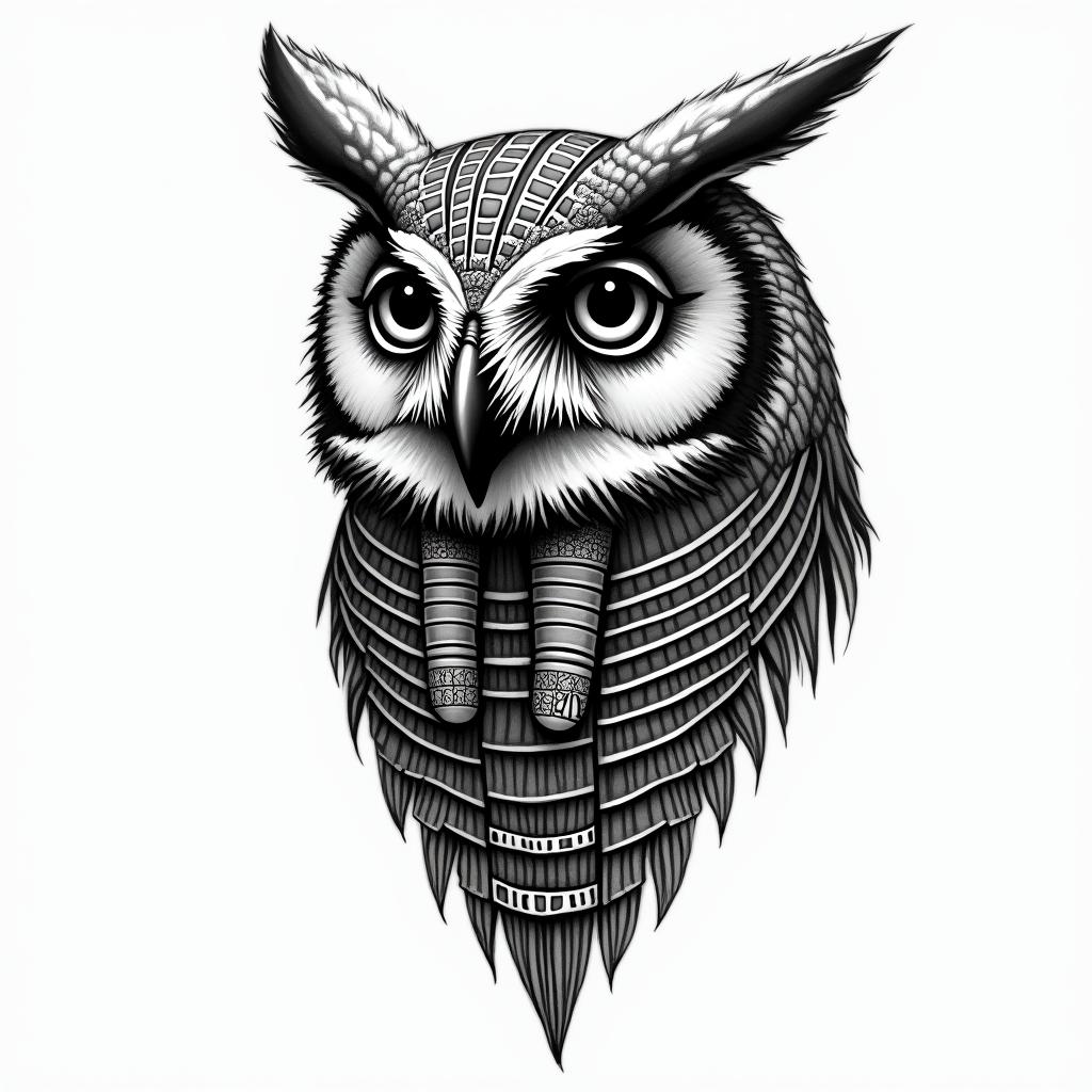 Owlin egyptian style tattoo, bold elements of ancient egyptian culture including a portrait of an Egyptian pharaoh with detailed facial features, in hieroglyphs and symbolic imagery, eye of horus, ankh symbol, scarab beetle - Variation 1
