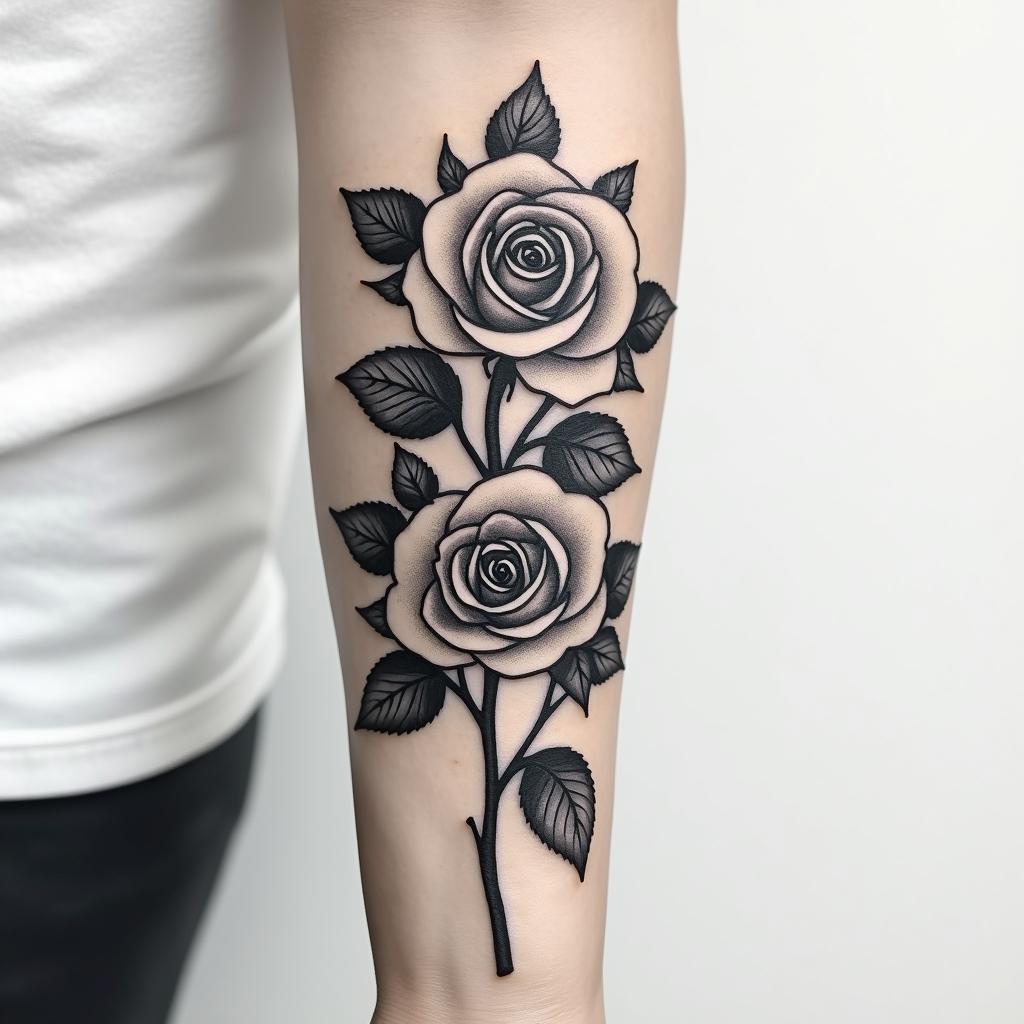 Tattoo of two small realistic roses, forearm, fine line.higly detailed tattoo - Variation 2