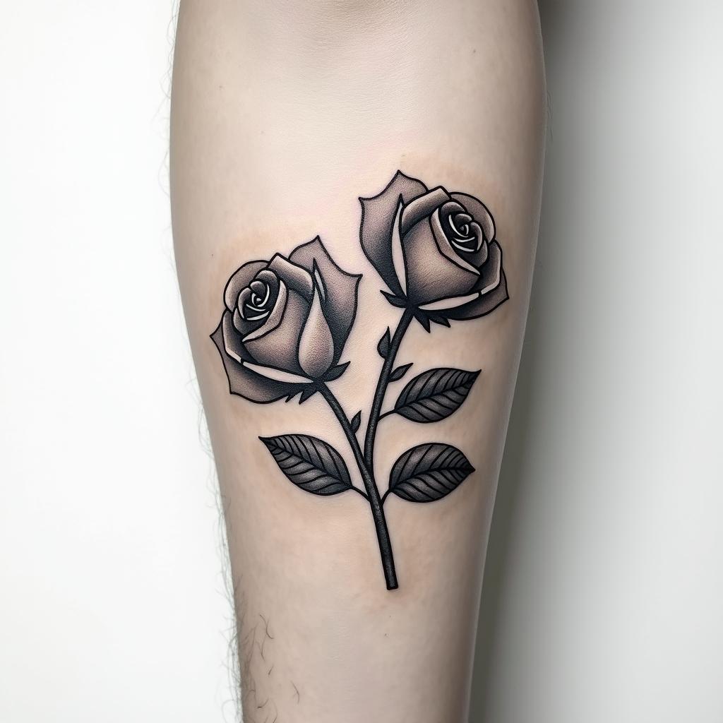 Tattoo of two small realistic roses, forearm, fine line.higly detailed tattoo