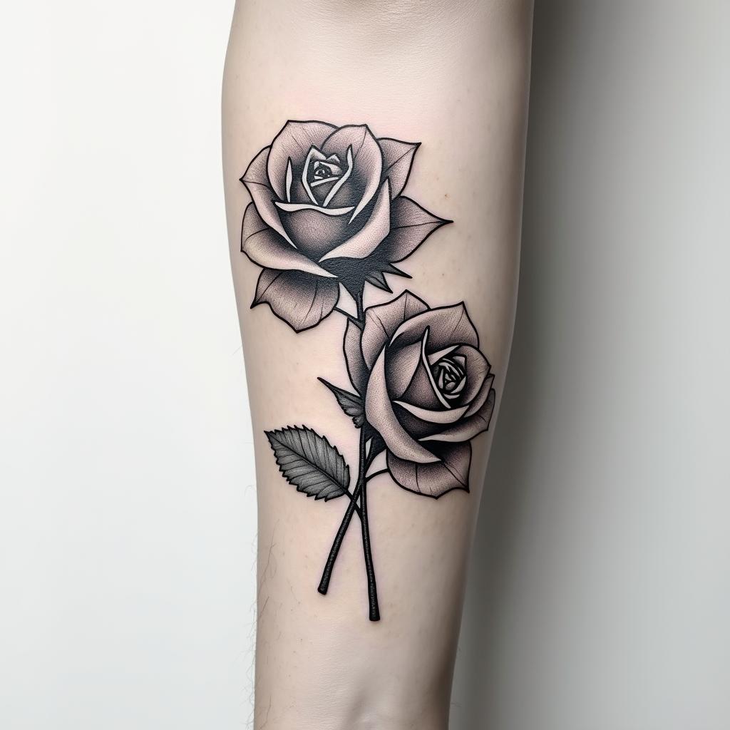 Tattoo of two small realistic roses, forearm, fine line.higly detailed tattoo - Variation 3