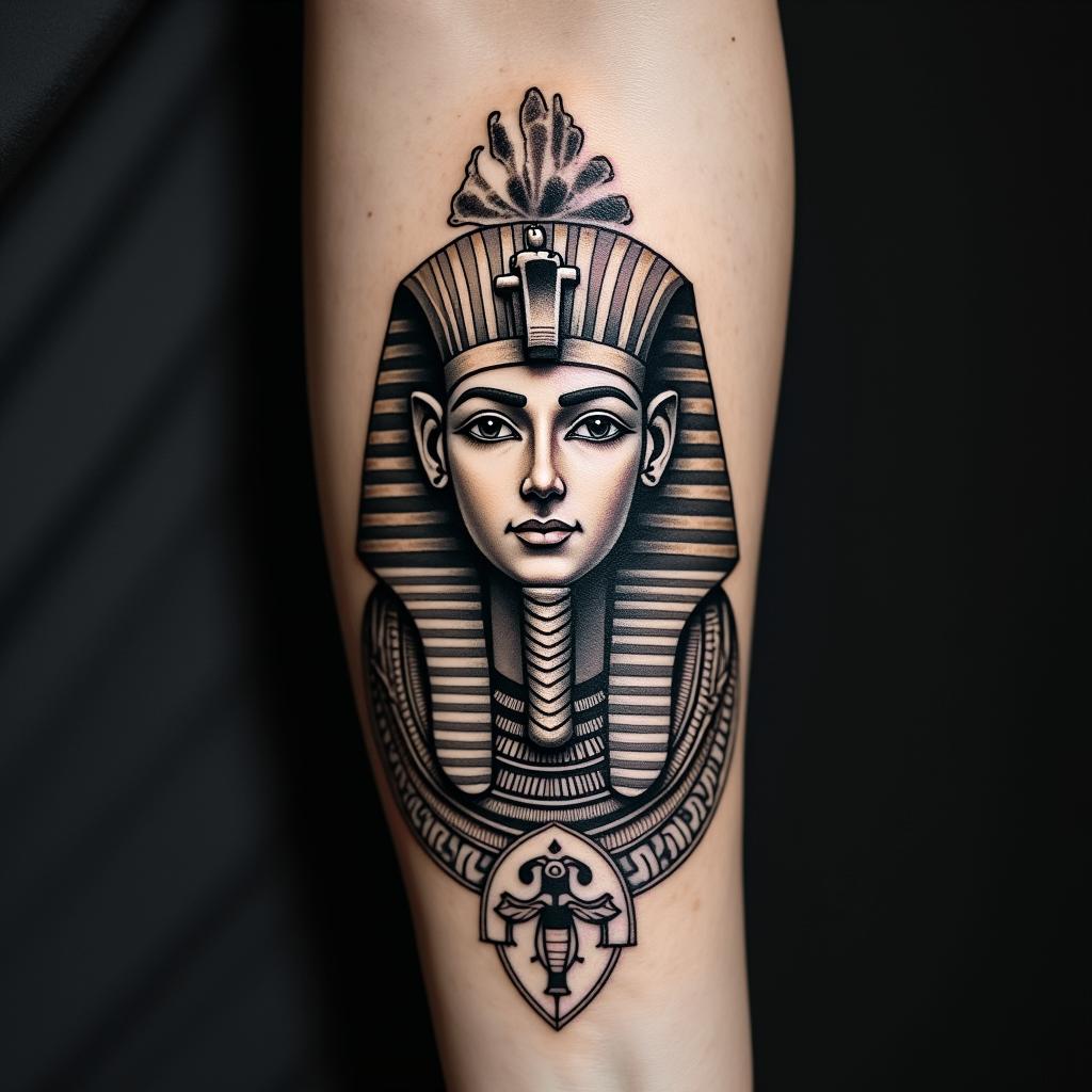 Broken heartin egyptian style tattoo, bold elements of ancient egyptian culture including a portrait of an Egyptian pharaoh with detailed facial features, in hieroglyphs and symbolic imagery, eye of horus, ankh symbol, scarab beetle - Variation 4