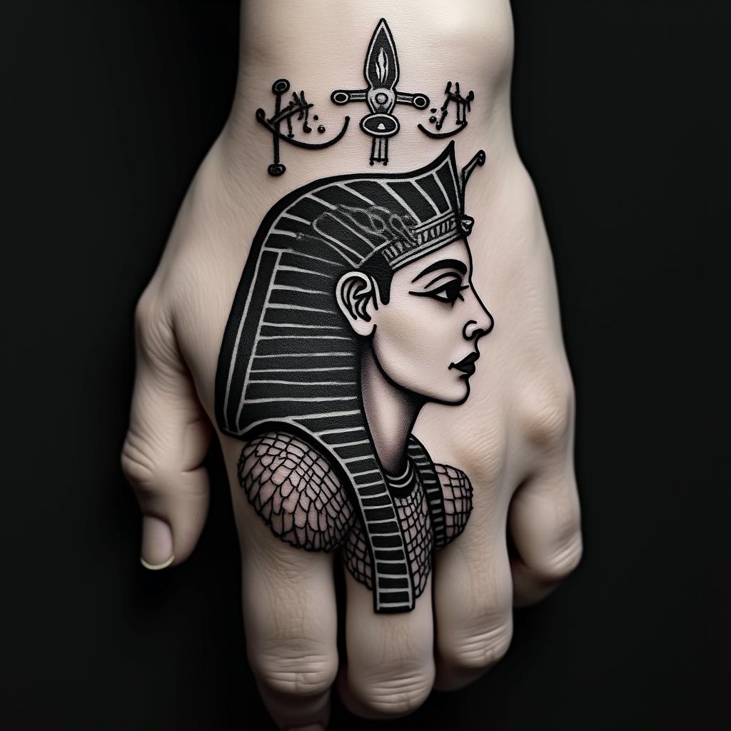 Broken heartin egyptian style tattoo, bold elements of ancient egyptian culture including a portrait of an Egyptian pharaoh with detailed facial features, in hieroglyphs and symbolic imagery, eye of horus, ankh symbol, scarab beetle - Variation 3