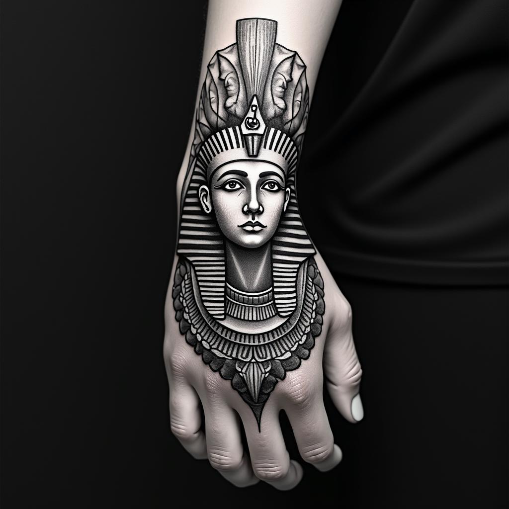 Broken heartin egyptian style tattoo, bold elements of ancient egyptian culture including a portrait of an Egyptian pharaoh with detailed facial features, in hieroglyphs and symbolic imagery, eye of horus, ankh symbol, scarab beetle