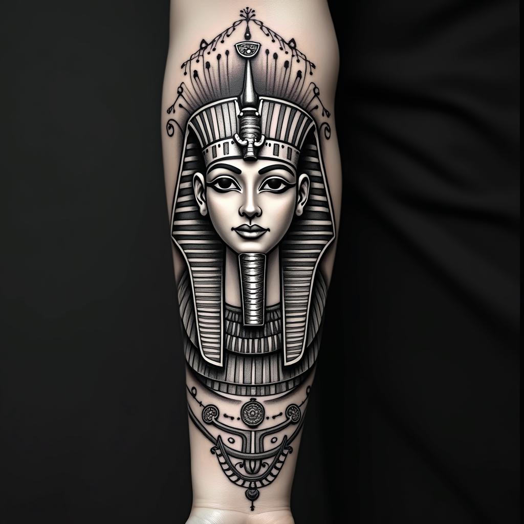 Broken heartin egyptian style tattoo, bold elements of ancient egyptian culture including a portrait of an Egyptian pharaoh with detailed facial features, in hieroglyphs and symbolic imagery, eye of horus, ankh symbol, scarab beetle - Variation 2