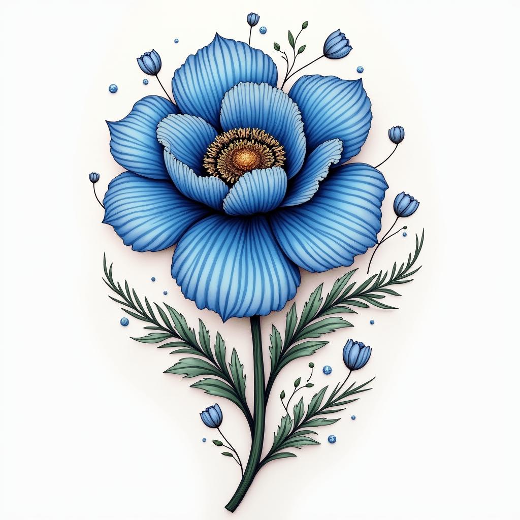 A beautiful memorial tattoo featuring a vibrant carnation in shades of blue, intertwined with elements symbolizing strength and humor, such as an amusement park scene in the background. The design incorporates whimsical laughter lines or soft, flowing shapes around the floral elements to depict joy and a light-hearted spirit, creating a heartfelt tribute to a strong, humorous, and loving mom.higly detailed tattoo - Variation 3