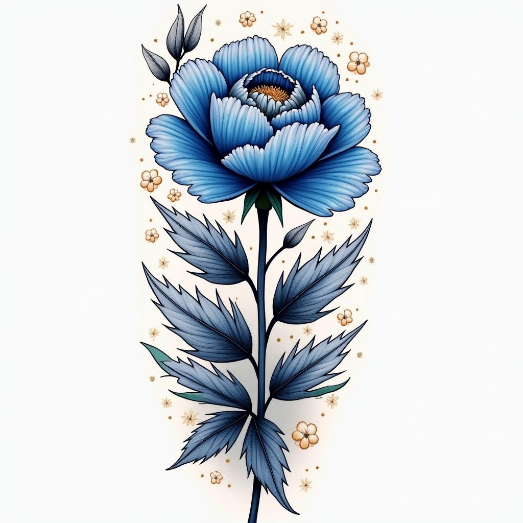 A beautiful memorial tattoo featuring a vibrant carnation in shades of blue, intertwined with elements symbolizing strength and humor, such as an amusement park scene in the background. The design incorporates whimsical laughter lines or soft, flowing shapes around the floral elements to depict joy and a light-hearted spirit, creating a heartfelt tribute to a strong, humorous, and loving mom.higly detailed tattoo - Variation 2