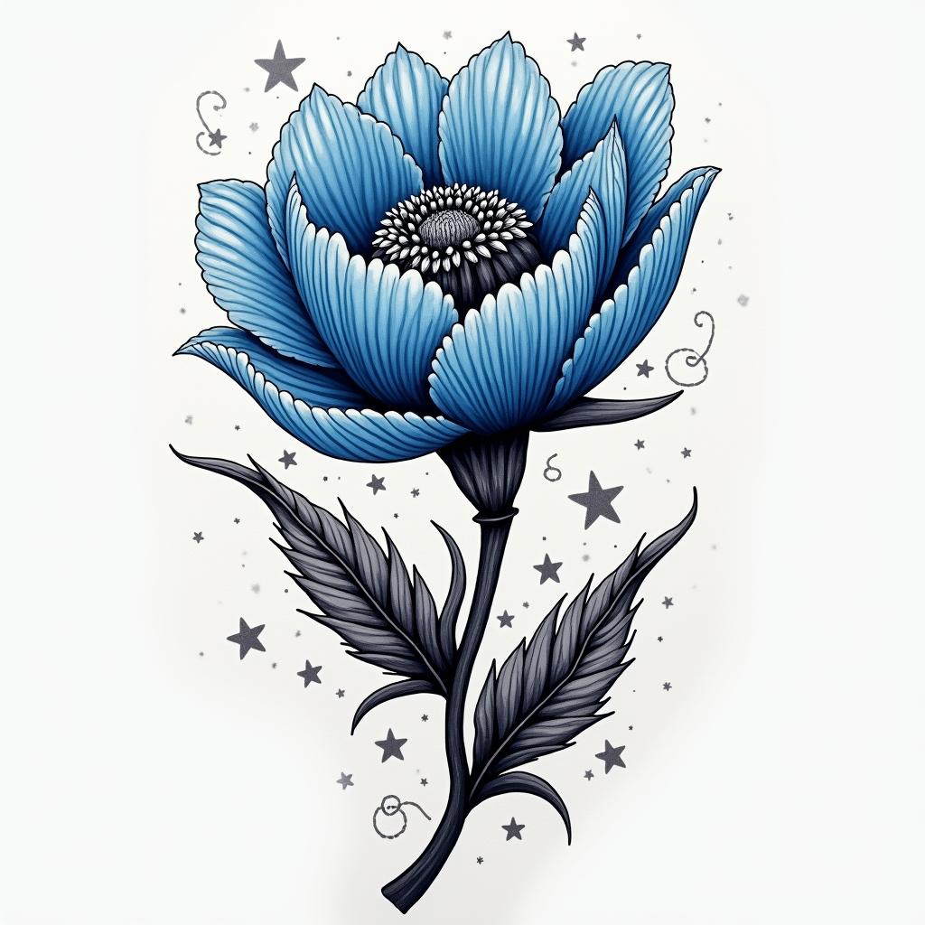 A beautiful memorial tattoo featuring a vibrant carnation in shades of blue, intertwined with elements symbolizing strength and humor, such as an amusement park scene in the background. The design incorporates whimsical laughter lines or soft, flowing shapes around the floral elements to depict joy and a light-hearted spirit, creating a heartfelt tribute to a strong, humorous, and loving mom.higly detailed tattoo - Variation 4