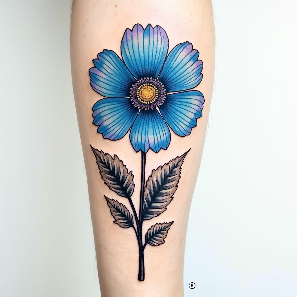 A beautiful memorial tattoo featuring a vibrant carnation in shades of blue, intertwined with elements symbolizing strength and humor, such as an amusement park scene in the background. The design incorporates whimsical laughter lines or soft, flowing shapes around the floral elements to depict joy and a light-hearted spirit, creating a heartfelt tribute to a strong, humorous, and loving mom.higly detailed tattoo