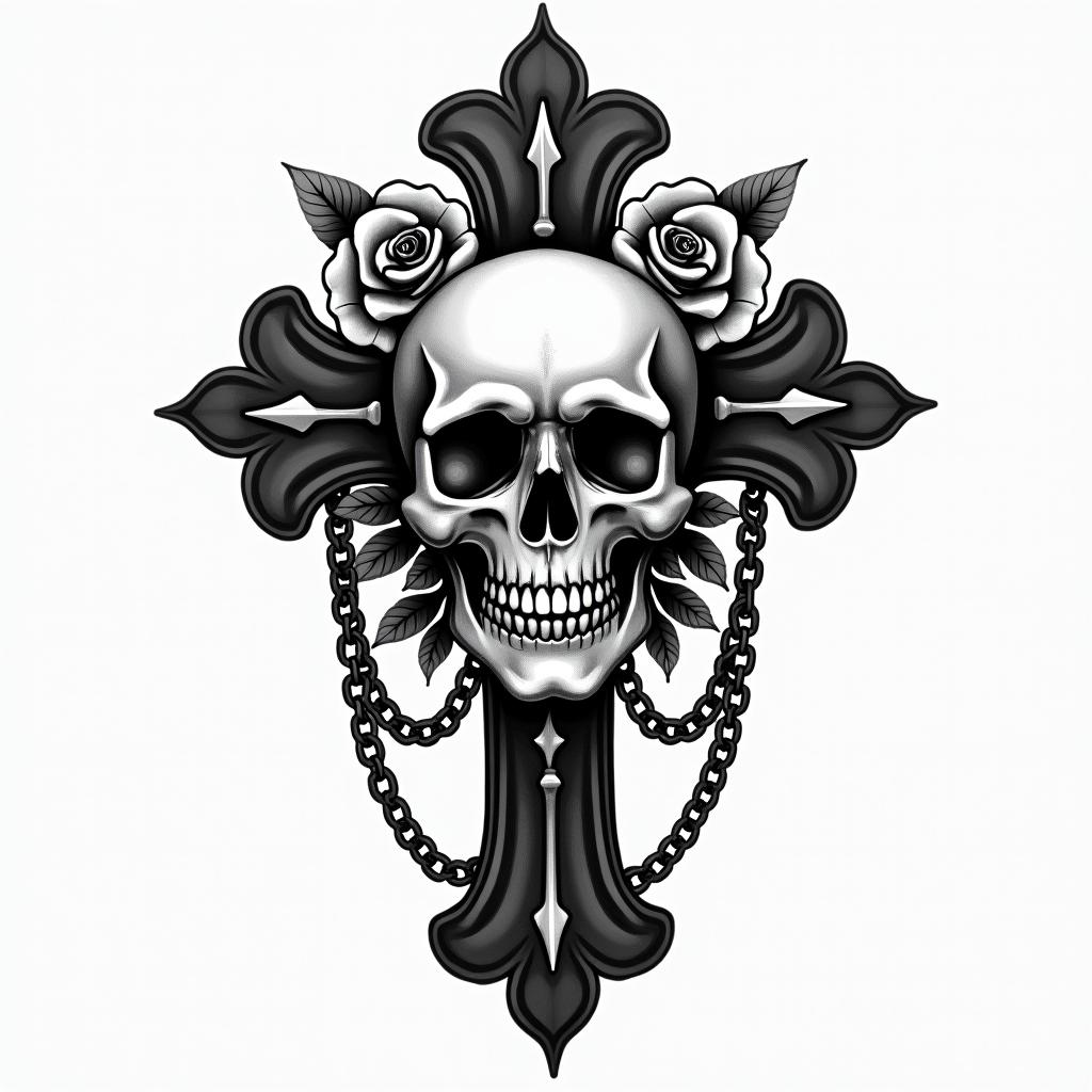 Smile now cry laterin chicano style tattoo, featuring intricate black and grey shading, bold elements of traditional chicano culture symbols, add a big cross with skull, chains and roses - Variation 5