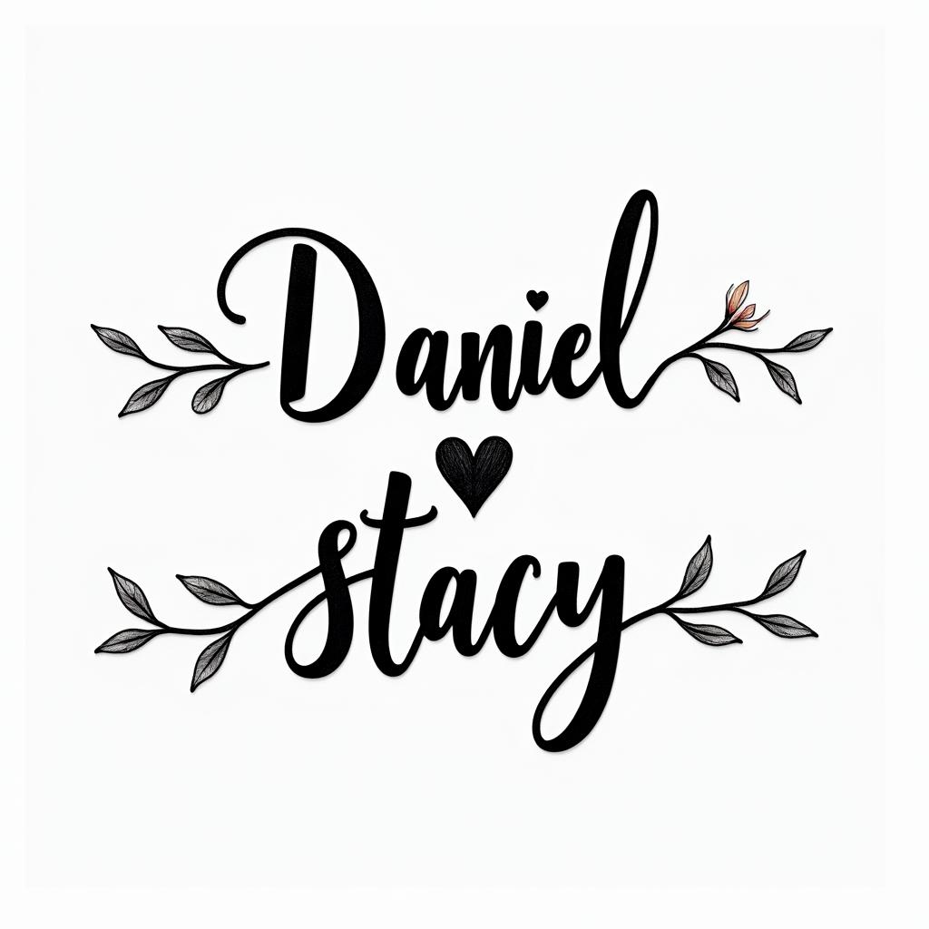 Daniel, Stacyin elegant cursive calligraphy style 2d tattoo, decorate with roses, featuring a smooth and flowing handwritten script with slightly thickened strokes for a luxurious and bold appearance,  heart symbol between names,  sleek and glossy black text with shadowing, minimalist matte white background, clean and sharp edges, illuminated with soft lighting, romantic, 8k, high-quality textures with refined typography - Variation 5