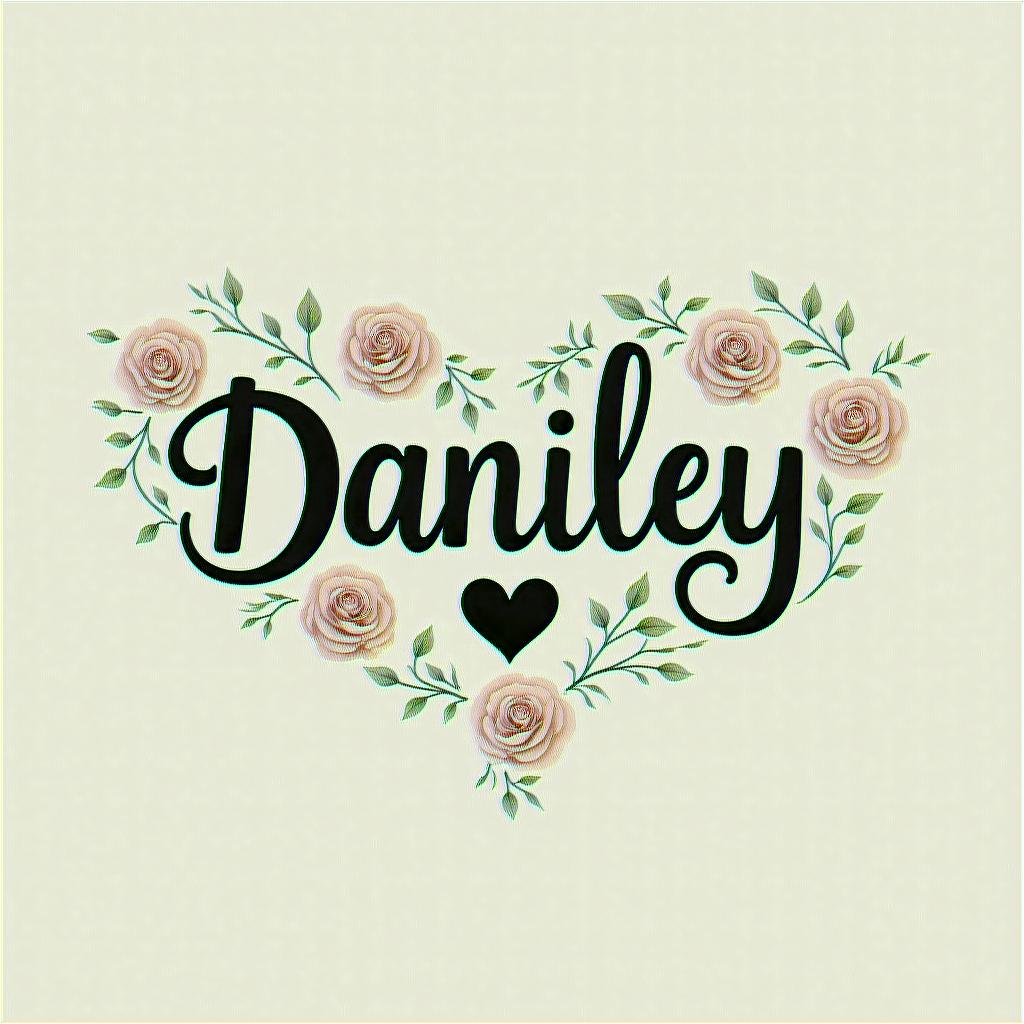 Daniel, Stacyin elegant cursive calligraphy style 2d tattoo, decorate with roses, featuring a smooth and flowing handwritten script with slightly thickened strokes for a luxurious and bold appearance,  heart symbol between names,  sleek and glossy black text with shadowing, minimalist matte white background, clean and sharp edges, illuminated with soft lighting, romantic, 8k, high-quality textures with refined typography - Variation 8