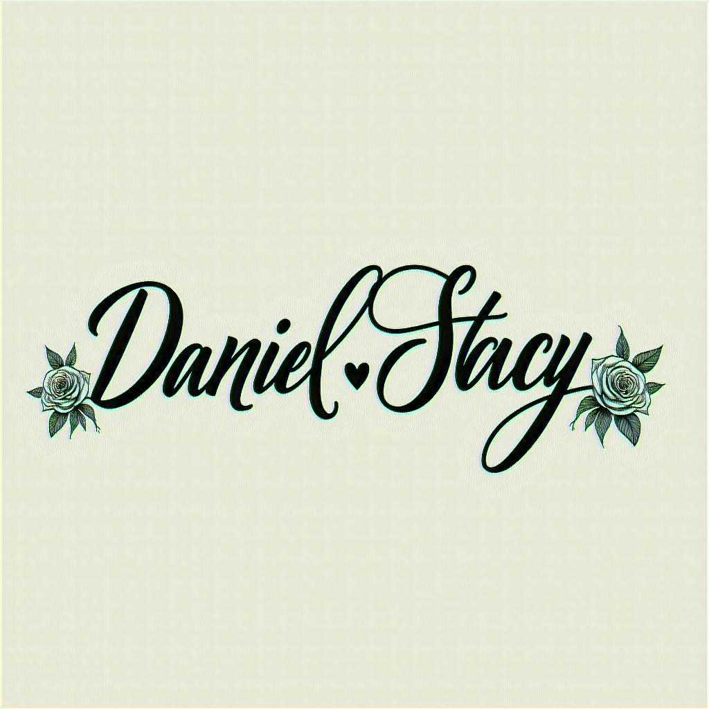 Daniel, Stacyin elegant cursive calligraphy style 2d tattoo, decorate with roses, featuring a smooth and flowing handwritten script with slightly thickened strokes for a luxurious and bold appearance,  heart symbol between names,  sleek and glossy black text with shadowing, minimalist matte white background, clean and sharp edges, illuminated with soft lighting, romantic, 8k, high-quality textures with refined typography - Variation 7