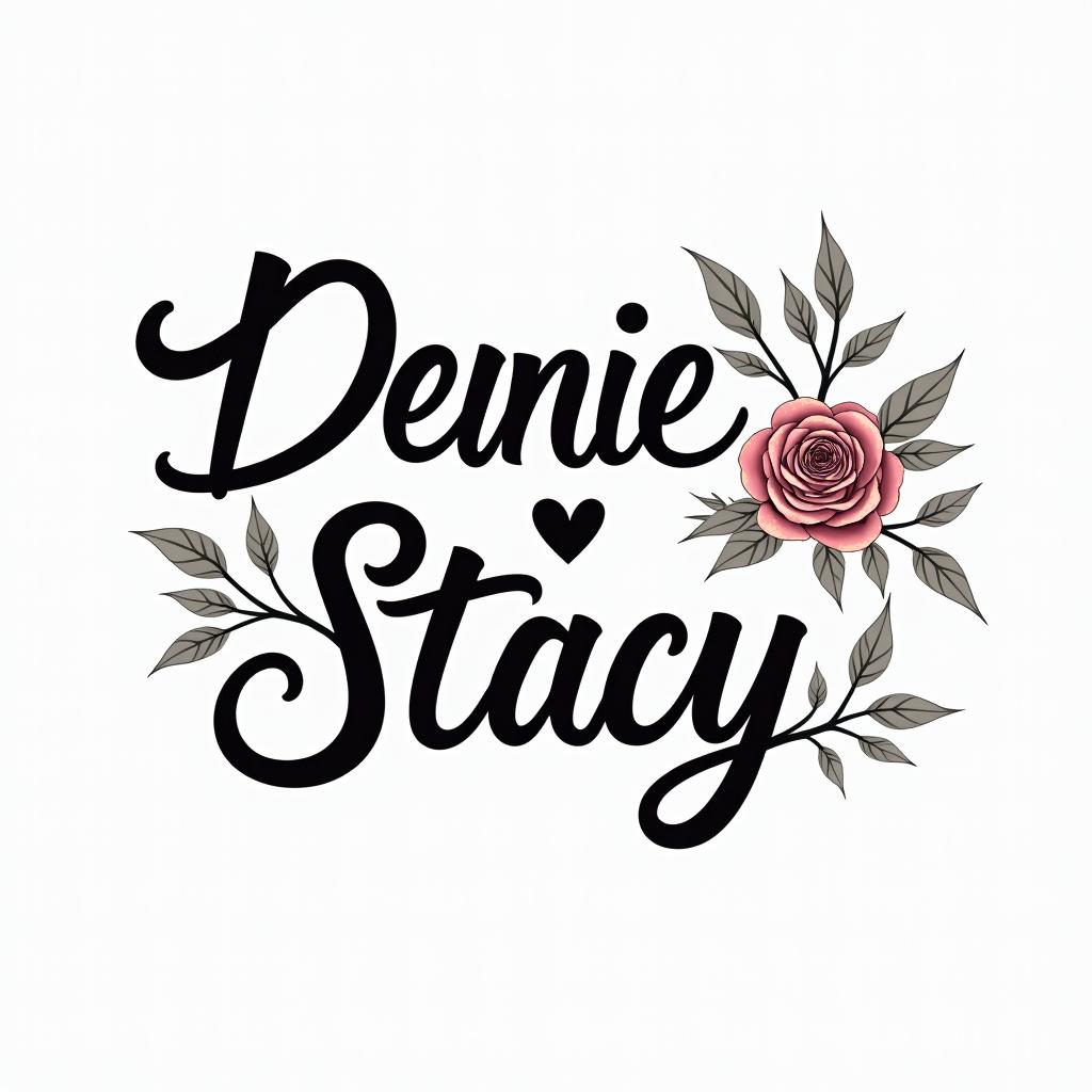 Daniel, Stacyin elegant cursive calligraphy style 2d tattoo, decorate with roses, featuring a smooth and flowing handwritten script with slightly thickened strokes for a luxurious and bold appearance,  heart symbol between names,  sleek and glossy black text with shadowing, minimalist matte white background, clean and sharp edges, illuminated with soft lighting, romantic, 8k, high-quality textures with refined typography - Variation 6