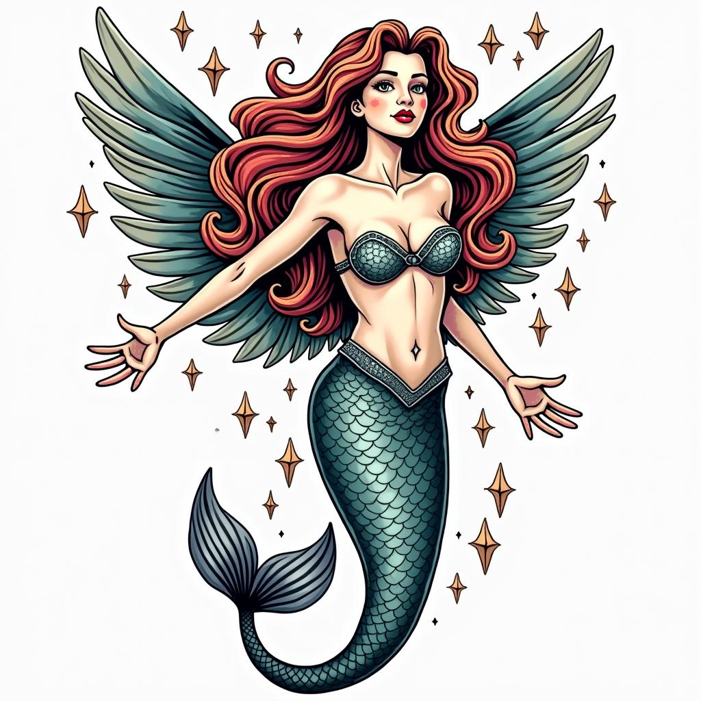 Mermaid angelin pop art style tattoo, featuring bold and vibrant colors, exaggerated outlines, iconic imagery, inspired by comic books and speech bubbles, comic book characters, retro pop culture