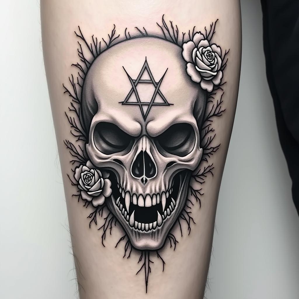 Tattoo two small realistic roses, forearm, fine linecreepy horror tattoo style, featuring an eerie and unsettling skull of a demonic creature, distorted face with sharp fangs, add pentagram symbol - Variation 3