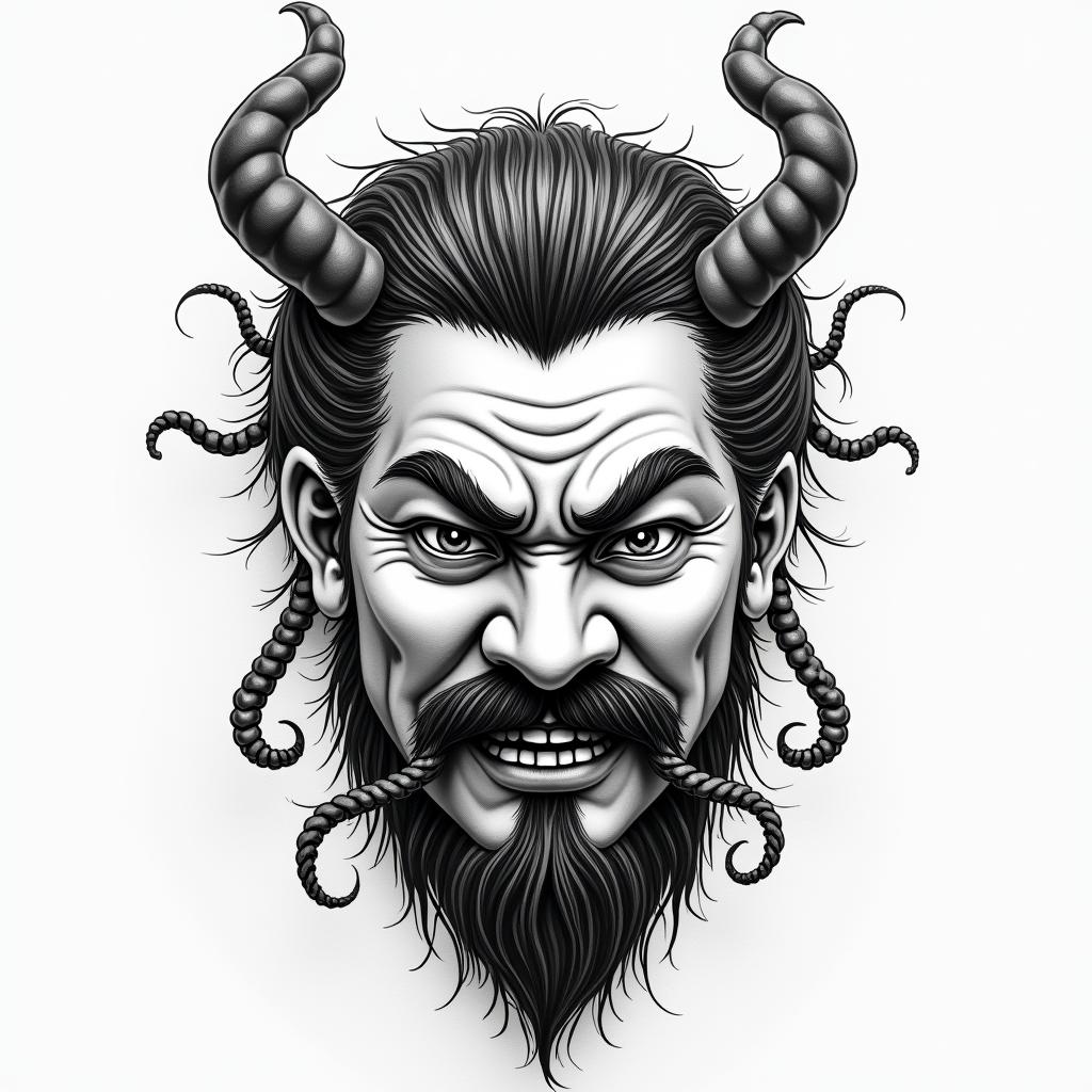 Hannya mask as Joseph Stalinin japanese style tattoo, detailed tattoo, traditional japanese culture tattoo, mythology, 8k - Variation 4