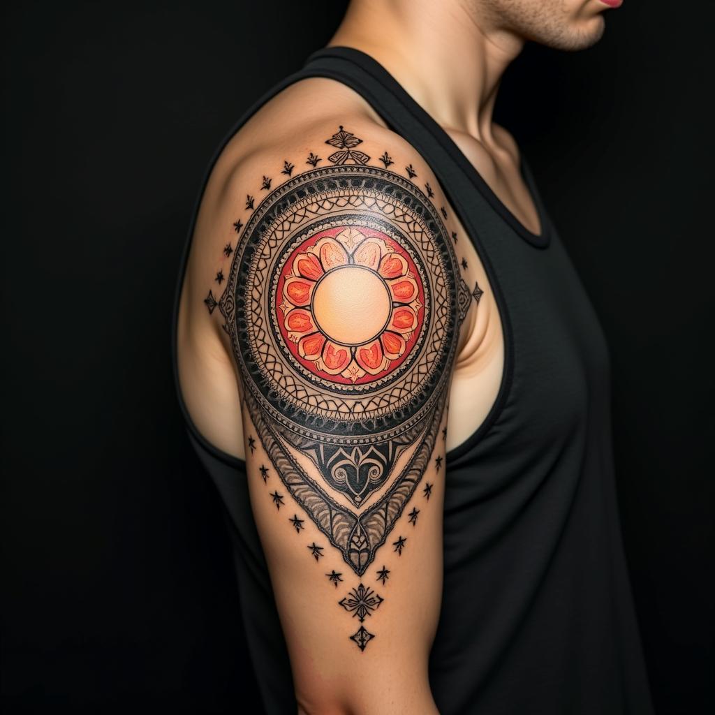Sun and moon intertwined, glowingin dotwork style tattoo, complex mandala patterns, interlocking geometric shapes with sharp symmetry, clean lines, sharp angles