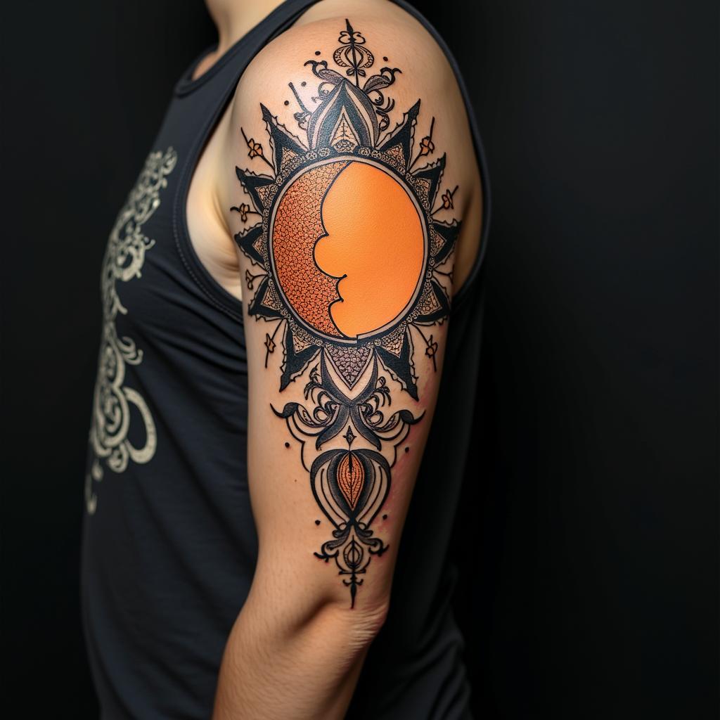 Sun and moon intertwined, glowingin dotwork style tattoo, complex mandala patterns, interlocking geometric shapes with sharp symmetry, clean lines, sharp angles - Variation 2