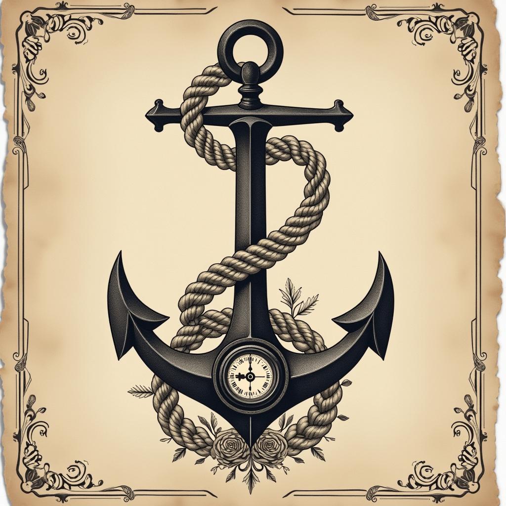 Anchor with nautical rope and compassin victorian style tattoo, featuring vintage and elegant elements, ornate frames, roses, antique, sepia-toned color scheme - Variation 17