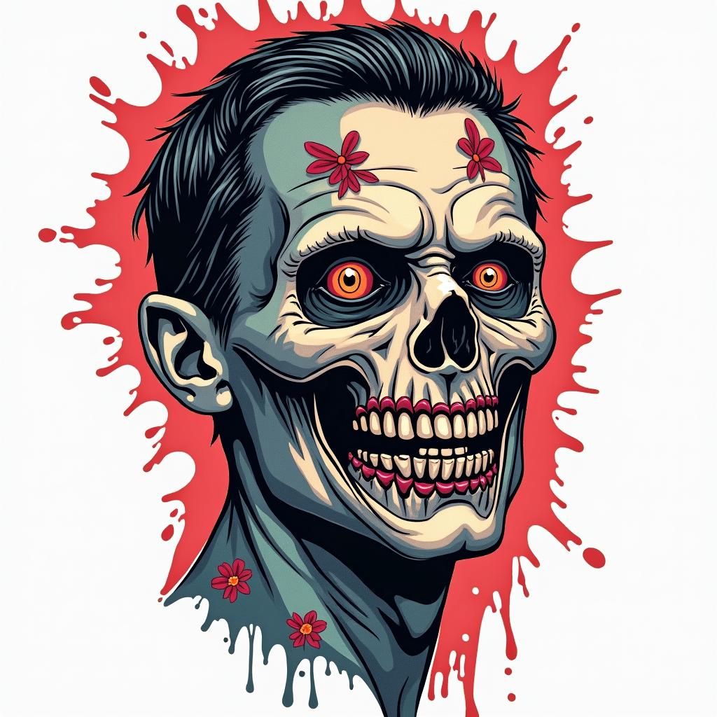 A man’s face. Half human half zombiein pop art style tattoo, featuring bold and vibrant colors, exaggerated outlines, iconic imagery, inspired by comic books and speech bubbles, comic book characters, retro pop culture - Variation 2