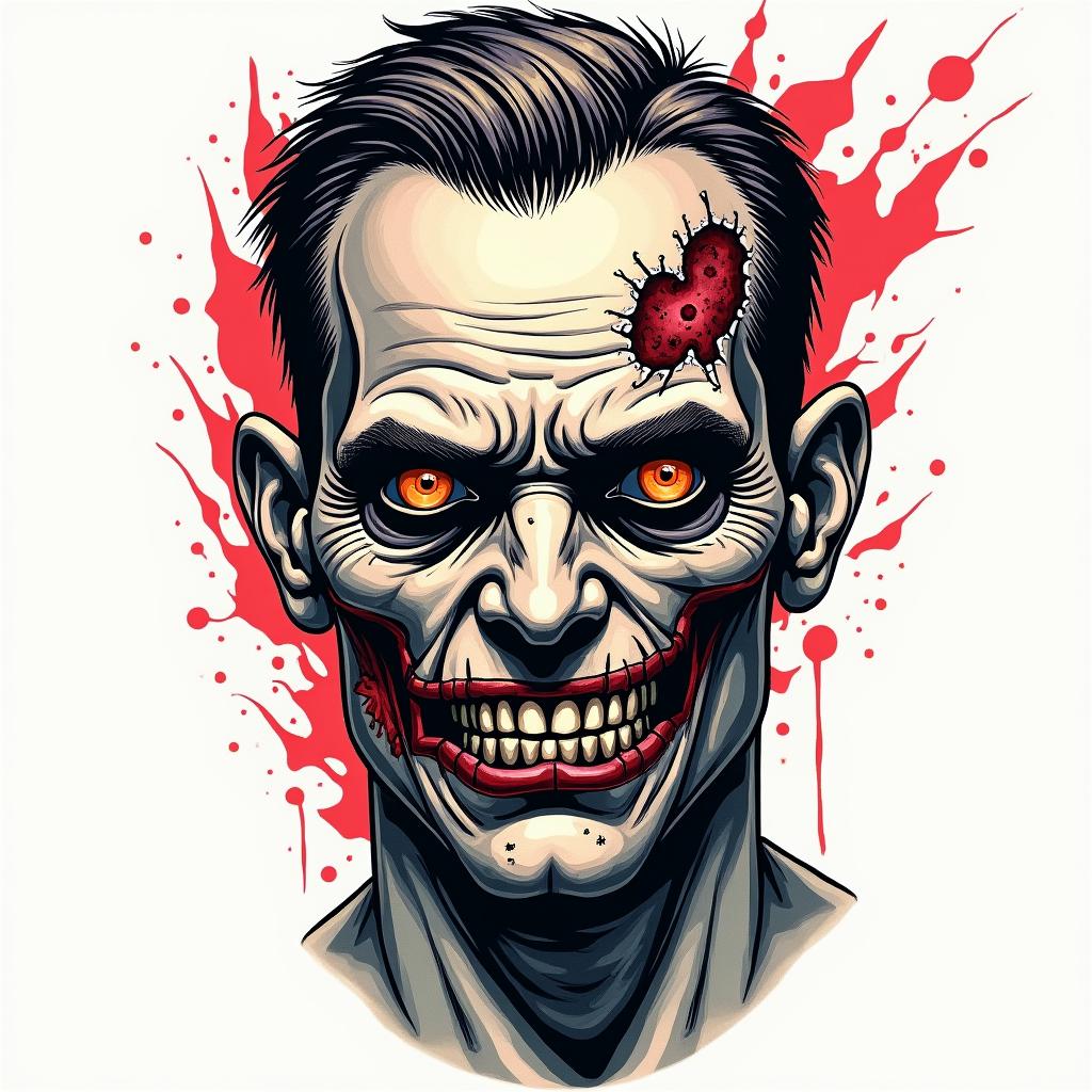 A man’s face. Half human half zombiein pop art style tattoo, featuring bold and vibrant colors, exaggerated outlines, iconic imagery, inspired by comic books and speech bubbles, comic book characters, retro pop culture - Variation 3