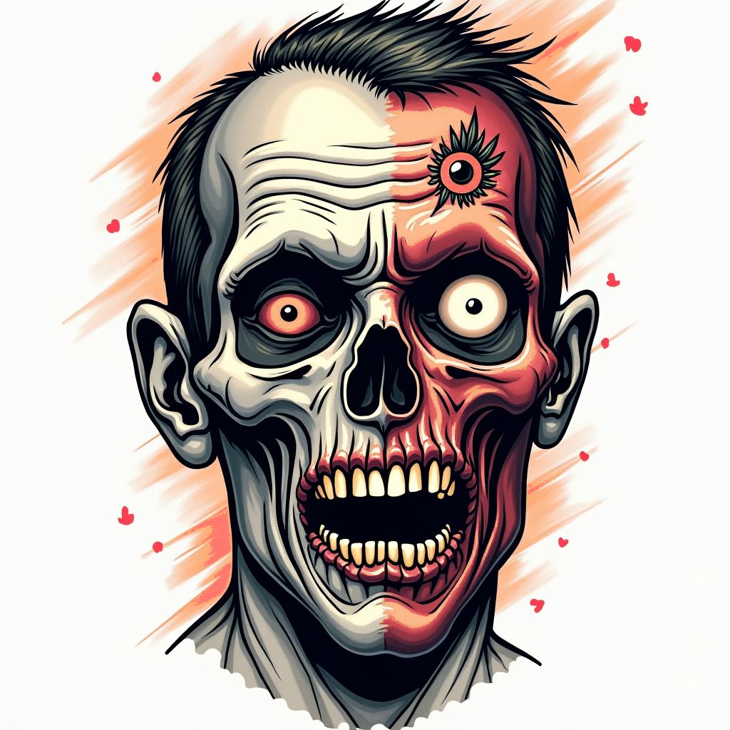 A man’s face. Half human half zombiein pop art style tattoo, featuring bold and vibrant colors, exaggerated outlines, iconic imagery, inspired by comic books and speech bubbles, comic book characters, retro pop culture - Variation 4