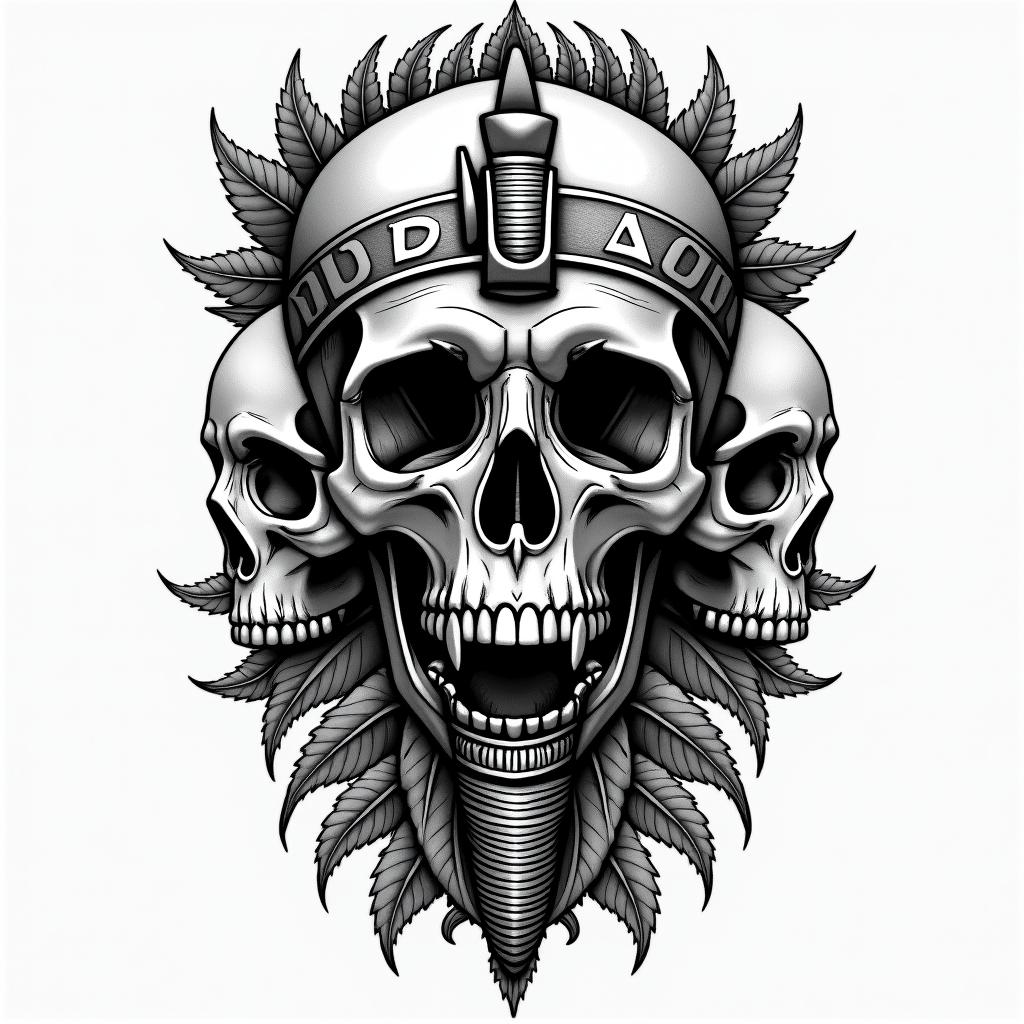 One skull with speak no evil, one skull with see no evil, one skull with hear no evilin egyptian style tattoo, bold elements of ancient egyptian culture including a portrait of an Egyptian pharaoh with detailed facial features, in hieroglyphs and symbolic imagery, eye of horus, ankh symbol, scarab beetle - Variation 4