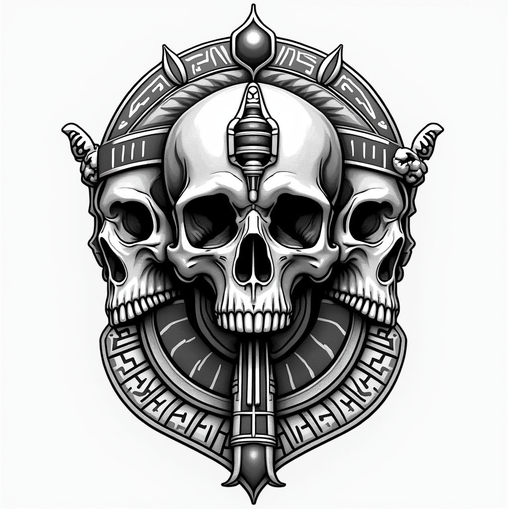 One skull with speak no evil, one skull with see no evil, one skull with hear no evilin egyptian style tattoo, bold elements of ancient egyptian culture including a portrait of an Egyptian pharaoh with detailed facial features, in hieroglyphs and symbolic imagery, eye of horus, ankh symbol, scarab beetle - Variation 3