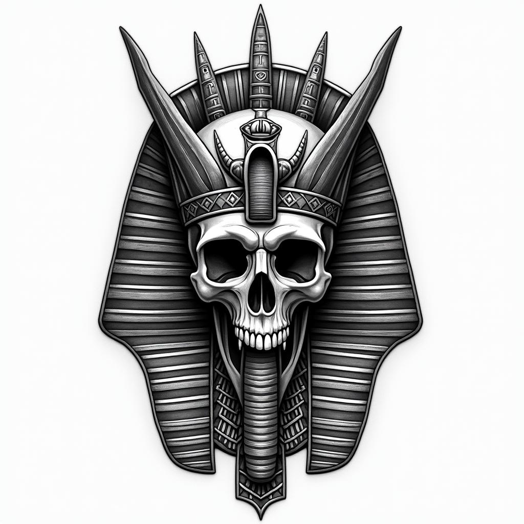 One skull with speak no evil, one skull with see no evil, one skull with hear no evilin egyptian style tattoo, bold elements of ancient egyptian culture including a portrait of an Egyptian pharaoh with detailed facial features, in hieroglyphs and symbolic imagery, eye of horus, ankh symbol, scarab beetle