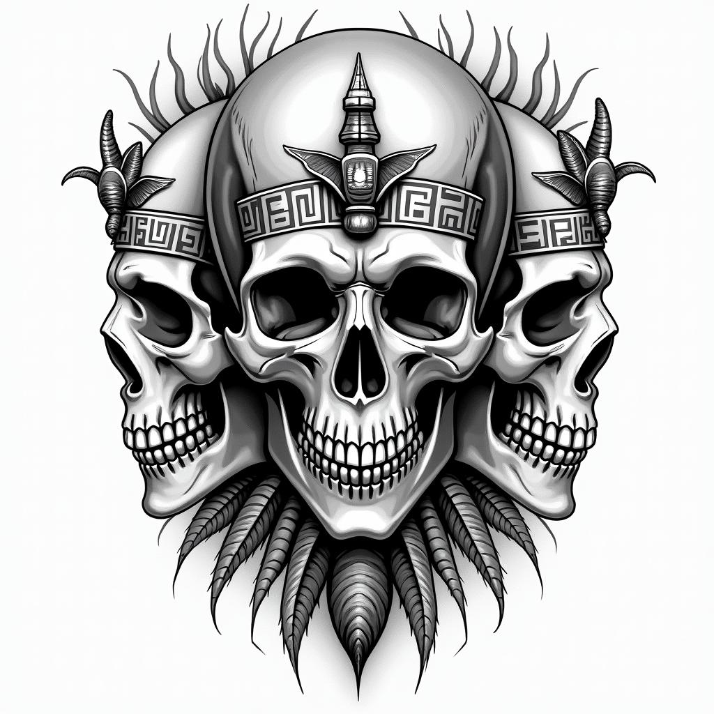 One skull with speak no evil, one skull with see no evil, one skull with hear no evilin egyptian style tattoo, bold elements of ancient egyptian culture including a portrait of an Egyptian pharaoh with detailed facial features, in hieroglyphs and symbolic imagery, eye of horus, ankh symbol, scarab beetle - Variation 2