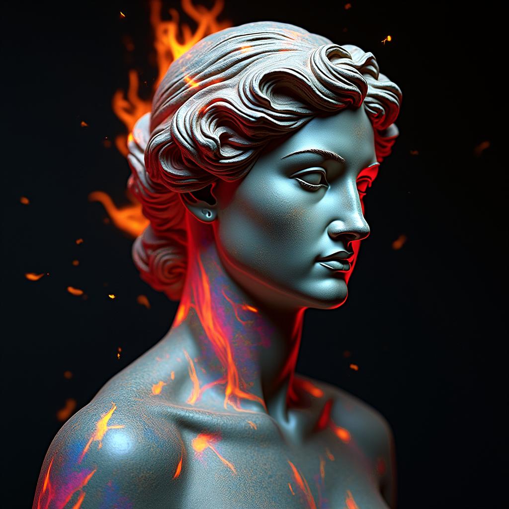 Flamesin distorted and fragmented tattoo design, featuring a classical statue bust, in a glitch art style with vibrant, overlapping colors of cyan, magenta, and yellow, creating a digital distortion effect - Variation 4