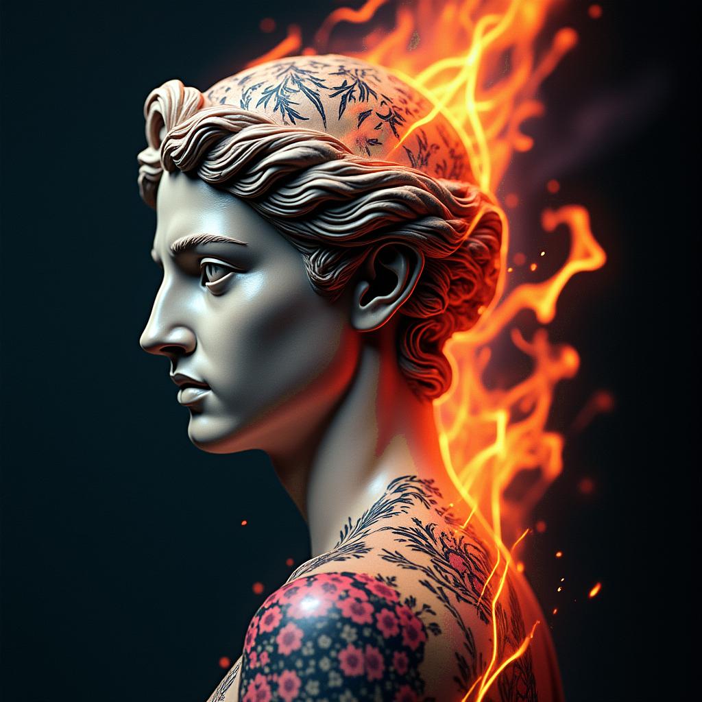 Flamesin distorted and fragmented tattoo design, featuring a classical statue bust, in a glitch art style with vibrant, overlapping colors of cyan, magenta, and yellow, creating a digital distortion effect - Variation 2