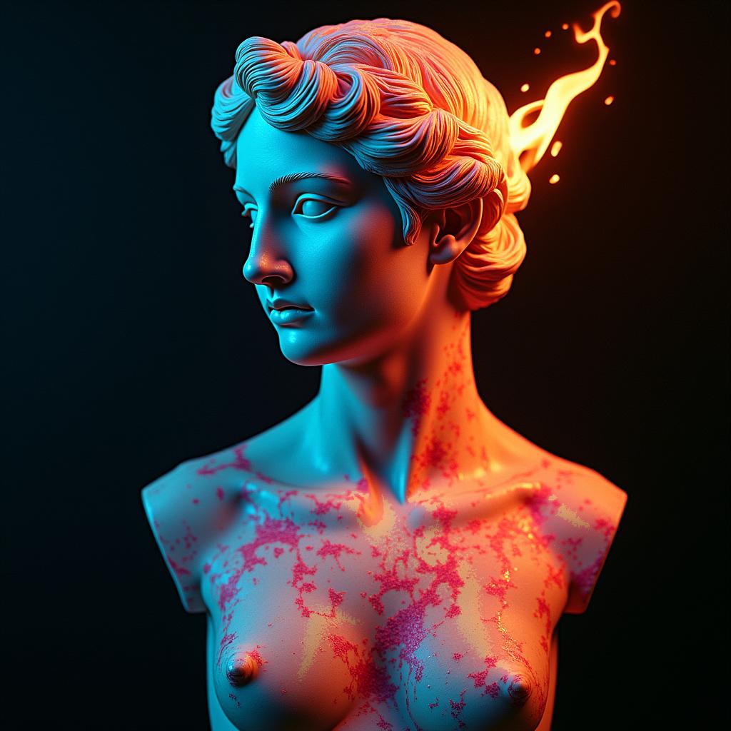 Flamesin distorted and fragmented tattoo design, featuring a classical statue bust, in a glitch art style with vibrant, overlapping colors of cyan, magenta, and yellow, creating a digital distortion effect