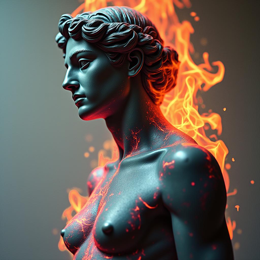 Flamesin distorted and fragmented tattoo design, featuring a classical statue bust, in a glitch art style with vibrant, overlapping colors of cyan, magenta, and yellow, creating a digital distortion effect - Variation 3