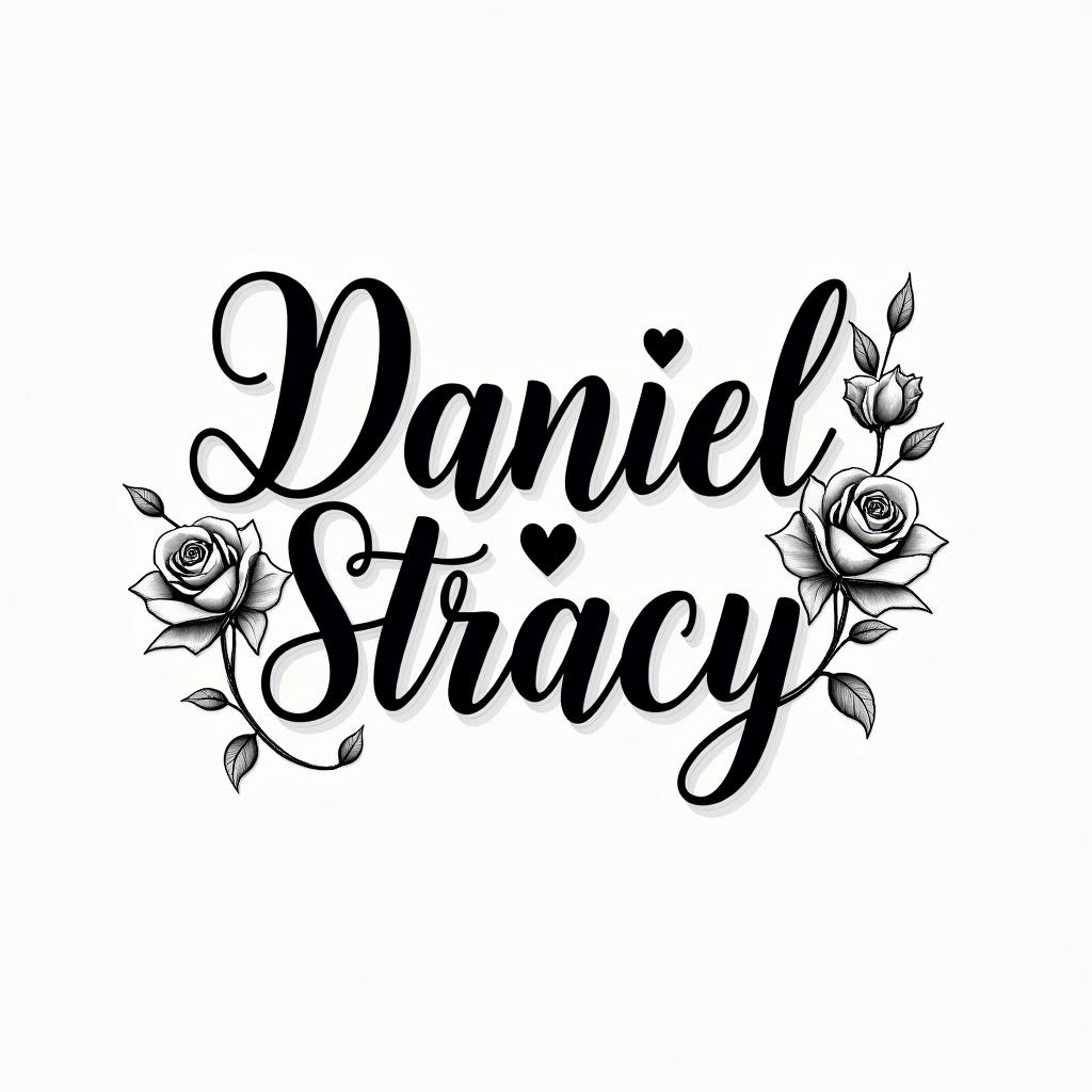 Daniel, Stacyin elegant cursive calligraphy style 2d tattoo, decorate with roses, featuring a smooth and flowing handwritten script with slightly thickened strokes for a luxurious and bold appearance,  heart symbol between names,  sleek and glossy black text with shadowing, minimalist matte white background, clean and sharp edges, illuminated with soft lighting, romantic, 8k, high-quality textures with refined typography - Variation 2