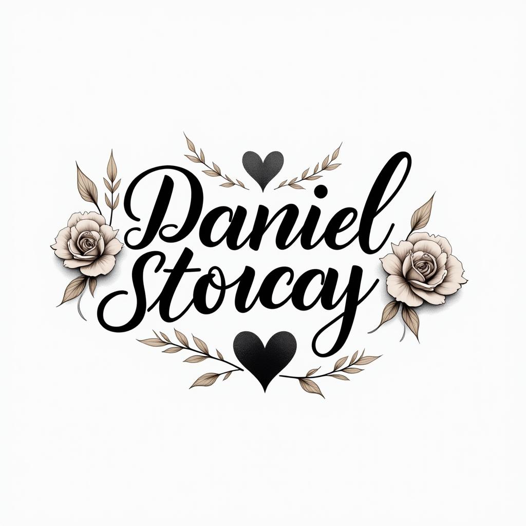 Daniel, Stacyin elegant cursive calligraphy style 2d tattoo, decorate with roses, featuring a smooth and flowing handwritten script with slightly thickened strokes for a luxurious and bold appearance,  heart symbol between names,  sleek and glossy black text with shadowing, minimalist matte white background, clean and sharp edges, illuminated with soft lighting, romantic, 8k, high-quality textures with refined typography - Variation 3