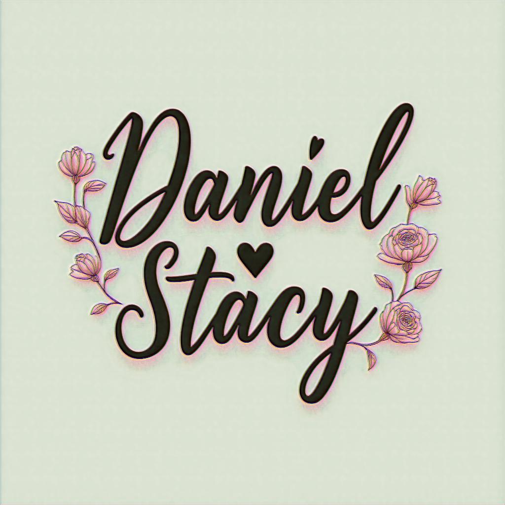 Daniel, Stacyin elegant cursive calligraphy style 2d tattoo, decorate with roses, featuring a smooth and flowing handwritten script with slightly thickened strokes for a luxurious and bold appearance,  heart symbol between names,  sleek and glossy black text with shadowing, minimalist matte white background, clean and sharp edges, illuminated with soft lighting, romantic, 8k, high-quality textures with refined typography - Variation 4