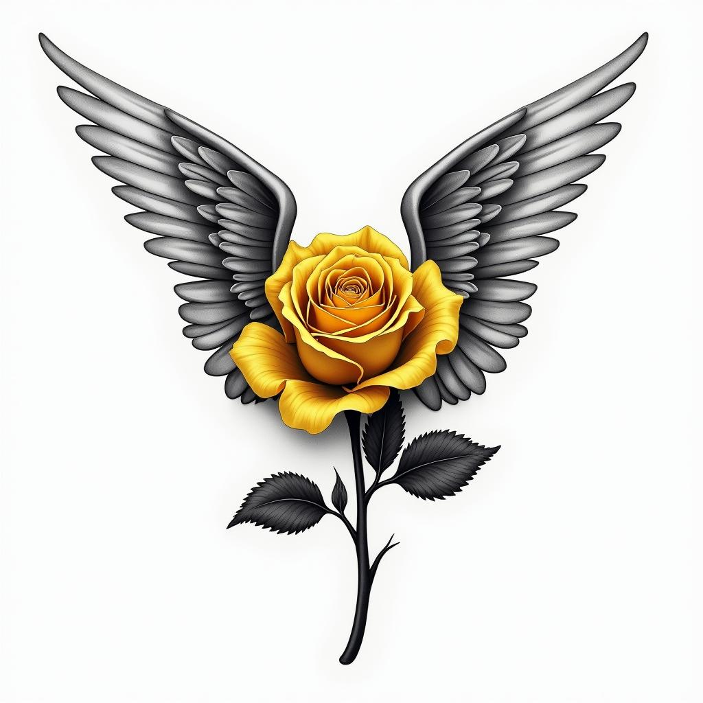 A realistic yellow rose intertwined with angel wings in black and white, with the letters L, F, and D elegantly merged into the wings, symbolizing remembrance of a beloved grandpa.higly detailed tattoo