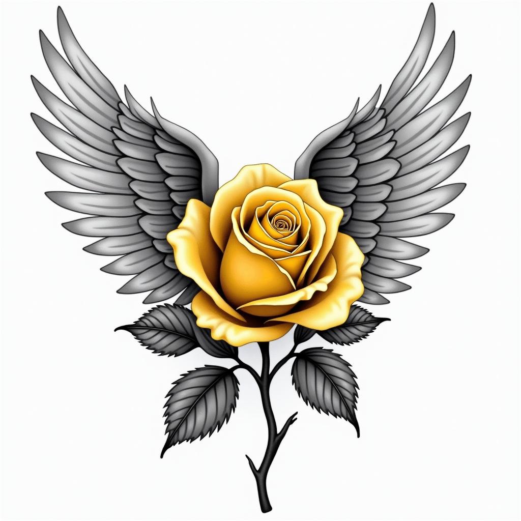 A realistic yellow rose intertwined with angel wings in black and white, with the letters L, F, and D elegantly merged into the wings, symbolizing remembrance of a beloved grandpa.higly detailed tattoo - Variation 3