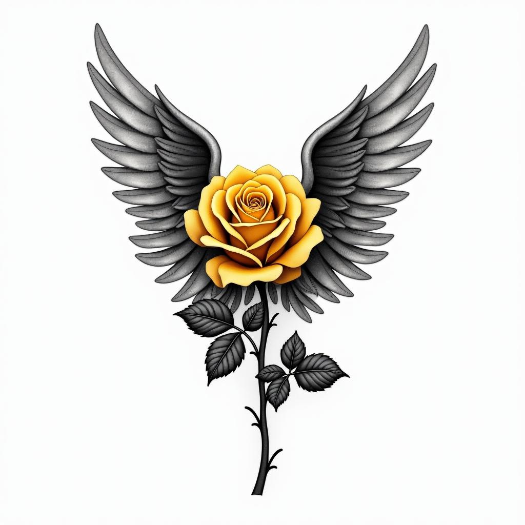 A realistic yellow rose intertwined with angel wings in black and white, with the letters L, F, and D elegantly merged into the wings, symbolizing remembrance of a beloved grandpa.higly detailed tattoo - Variation 2