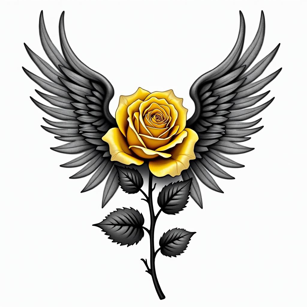 A realistic yellow rose intertwined with angel wings in black and white, with the letters L, F, and D elegantly merged into the wings, symbolizing remembrance of a beloved grandpa.higly detailed tattoo - Variation 4